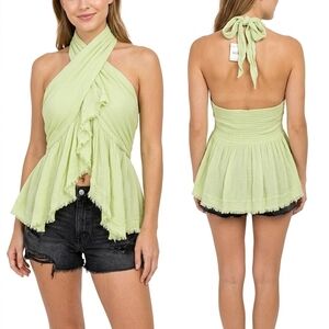 Free People Extratropical Halter Top 100% Viscose Lime Green Boho Chic